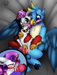Size: 828x1100 | Tagged: explicit, artist:emilywulfstudios, sweetie belle, alternate version, bell, bell collar, big penis, blowjob, blushing, bridle, christmas outfit, clothes, collar, duo, eyes closed, female, fetish, foalcon, g4, gallus, griffon, harness, heart eyes, imported from derpibooru, interspecies, knot, knotted penis, legwear, male, nudity, open mouth, oral, paw pads, penetration, penis, pissing, pissing inside, pissing into vagina, pony, sex, ship:gallbelle, shipping, socks, stockings, straight, tack, thigh highs, tight fit, tongue out, underhoof, unicorn, urine, vaginal, vaginal secretions, watersports, wingding eyes