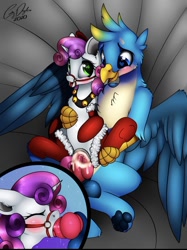 Size: 828x1109 | Tagged: explicit, artist:emilywulfstudios, sweetie belle, alternate version, bell, bell collar, big penis, blowjob, blushing, bridle, christmas outfit, clothes, collar, creampie, cum, cumming, duo, eyes closed, female, foalcon, g4, gallus, griffon, harness, heart eyes, imported from derpibooru, interspecies, knot, knotted penis, legwear, male, nudity, open mouth, oral, paw pads, paws, penetration, penis, pony, sex, ship:gallbelle, shipping, socks, stockings, straight, tack, thigh highs, throat bulge, tight fit, tongue out, underhoof, underpaw, unicorn, vaginal, vaginal secretions, wingding eyes