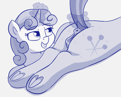Size: 1374x1102 | Tagged: explicit, artist:heretichesh, sweetie belle, age difference, anus, butt, clitoris, female, filly, filly on mare, foal, foalcon, frog (hoof), g4, imported from derpibooru, lesbian, lying down, magic, magic aura, mare, monochrome, nudity, plot, ponut, pony, reverse foalcon, sassy saddles, smiling, sweat, sweaty butt, sweetiedom, tail lift, this will end in snu snu, underhoof, unicorn, vulva