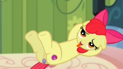 Size: 1280x720 | Tagged: explicit, artist:angrymetal, apple bloom, 1000 hours in ms paint, anal insertion, bloom butt, butt, buttplug, earth pony, female, filly, foal, foalcon, g4, imported from derpibooru, insertion, legs in air, lying down, nudity, on back, plot, pony, sex toy, solo, solo female, the cmc's cutie marks, tongue out, vulva
