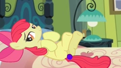 Size: 1280x720 | Tagged: explicit, artist:angrymetal, editor:angrymetal, apple bloom, anal insertion, bed, bedroom eyes, butt, buttplug, earth pony, female, foalcon, g4, imported from derpibooru, insertion, lying down, lying on bed, needs more jpeg, nudity, on bed, plot, pony, sex toy, solo, solo female, vulva