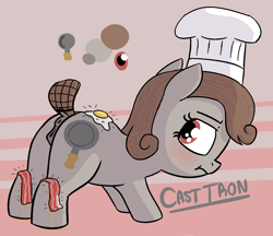 Size: 1350x1166 | Tagged: explicit, artist:heretichesh, oc, oc:cast iron, anus, bacon, bacon and eggs, blushing, chef's hat, dock, earth pony, egg (food), female, filly, foal, foalcon, food, fried egg, hair net, hat, imported from derpibooru, meat, nudity, oc only, ponut, pony, presenting, rumproast, solo, solo female, vulva