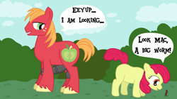 Size: 1920x1080 | Tagged: explicit, artist:just-a-pervert, apple bloom, applecest, balls, big macintosh, brother and sister, dialogue, earth pony, erection, female, foalcon, g4, horsecock, imminent sex, imported from derpibooru, incest, male, nudity, outdoors, penis, pony, show accurate, show accurate porn, siblings, straight, text, worm