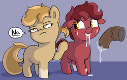 Size: 1928x1218 | Tagged: explicit, artist:heretichesh, oc, oc:peanut toffy, oc:raspberry toffy, aftersex, blushing, cum, cum in mouth, dialogue, disembodied penis, dripping, dripping cum, duo, earth pony, facial, female, filly, filly on stallion, foal, foalcon, hairband, implied snowballing, imported from derpibooru, male, nudity, penis, pony, siblings, sisters, smiling, stallion, text