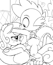 Size: 2586x3164 | Tagged: explicit, artist:tricksta, spike, sweetie belle, apron, black and white, blushing, clothes, cute, cute porn, dragon, female, filly, foal, foalcon, frontbend, g4, genitals, grayscale, high res, imported from derpibooru, interspecies, male, monochrome, nudity, penetration, penis, pony, sex, ship:spikebelle, shipping, straight, unicorn, vaginal, vulva