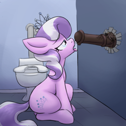 Size: 1238x1244 | Tagged: explicit, artist:sliderspoint, diamond tiara, age difference, bathroom, bathroom stall, earth pony, female, female focus, filly, foal, foalcon, g4, glory hole, horsecock, imminent sex, imported from derpibooru, looking up, nudity, penis, pony, public bathroom, solo focus, toilet