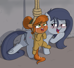 Size: 1702x1552 | Tagged: explicit, semi-grimdark, artist:heretichesh, oc, oc:acorn cap, oc:needy noose, anatomically correct, anus, aroused, asphyxiation, blushing, breathplay, butt, clitoris, dangling, dock, earth pony, female, fetish, filly, flushed face, foal, foalcon, frog (hoof), gasping, hairband, hanging, hanging (by neck), hoof licking, imported from derpibooru, licking, mare, noose, nudity, oc only, one eye closed, plot, ponut, pony, rope, sweat, tongue out, underhoof, vagina, vaginal secretions, vulva, vulvar winking, wink