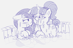 Size: 1236x804 | Tagged: explicit, artist:heretichesh, oc, oc:zew, oc:zippi, blushing, cum, cum bath, cum covered, cum everywhere, cum in mouth, cum on hair, cum string, dripping, dripping cum, female, filly, foal, foalcon, imported from derpibooru, incest, monochrome, open mouth, pony, siblings, sisters, sketch, snowballing, unicorn