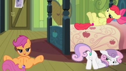 Size: 1280x720 | Tagged: explicit, artist:angrymetal, apple bloom, scootaloo, sweetie belle, 1000 hours in ms paint, anal insertion, apple bloom's bedroom, ass up, bed, bedroom eyes, buttplug, cutie mark crusaders, earth pony, face down ass up, female, females only, floppy ears, foalcon, g4, heart eyes, imported from derpibooru, insertion, jeweled buttplug, looking at you, looking back, lying down, nudity, on back, on bed, open mouth, pegasus, pony, sex toy, smiling, tongue out, unicorn, vagina, vulva, wingding eyes