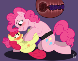 Size: 2000x1570 | Tagged: explicit, artist:ponykittenboi, apple bloom, pinkie pie, age difference, blushing, earth pony, female, filly, foal, foalcon, g4, imported from derpibooru, insertion, internal, lazy background, lesbian, mare, mare on filly, pony, possible cousin incest, possible incest, sex toy, ship:pinkiebloom, shipping, simple background, strapon, vaginal insertion, vaginal secretions