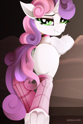 Size: 2099x3116 | Tagged: explicit, artist:andaluce, sweetie belle, anatomically correct, anus, bed, bedroom eyes, blank flank, butt, clothes, collar, dark genitals, female, filly, foal, foalcon, frog (hoof), g4, high res, imported from derpibooru, looking at you, looking back, looking back at you, nudity, plot, ponut, pony, rear view, smiling, socks, solo, solo female, underhoof, unicorn, vagina, vulva