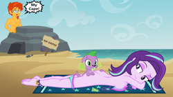 Size: 2400x1350 | Tagged: questionable, artist:dieart77, artist:kingdark0001, spike, starlight glimmer, ass, beach, beach towel, bikini, bikini top, breasts, busty starlight glimmer, butt, buttcheeks, cape, clothes, collar, dog, equestria girls, female, foalcon, g4, glimmer glutes, human, hundreds of users filter this tag, imported from derpibooru, lying down, male, nipples, nudity, panties, panties pulled down, partial nudity, prone, robe, sexy, ship:sparlight, shipping, show accurate, show accurate porn, sign, spike the dog, straight, sunburst, sunburst's cloak, swimsuit, topless, underwear