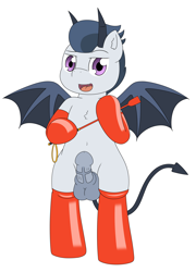 Size: 2300x3200 | Tagged: explicit, artist:pvryohei, balls, clothes, demon, demon horns, demon wings, devil tail, domination, dominatrix, foalcon, g4, gloves, high res, imported from derpibooru, latex, latex boots, latex gloves, male, nudity, penis, rumble, smoltober, smug, whip, wings