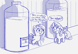Size: 1456x1006 | Tagged: explicit, artist:heretichesh, sweetie belle, oc, oc:zew, oc:zippi, concern, cum, cum tank, dialogue, fear, foalcon, g4, imported from derpibooru, pony, sign, sketch, snorkel, tail band, text, unicorn