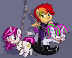 Size: 1748x1392 | Tagged: explicit, artist:heretichesh, oc, oc:maple, oc:zew, oc:zippi, ballgag, blushing, bondage, catsuit, dildo, dominatrix, drool, erotic asphyxiation, female, filly, foal, foalcon, freckles, gag, horn, horn ring, implied insertion, imported from derpibooru, latex, latex suit, lesbian, magic suppression, overstimulation, pegasus, ponies riding ponies, pony, riding, ring, rocking horse, rocking horse bondage, rope, sex toy, sweat, tail wrap, unicorn, vaginal secretions, vibrator