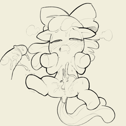 Size: 1280x1280 | Tagged: explicit, artist:itsunknownanon, apple bloom, anatomically incorrect, creampie, cum, earth pony, female, filly, foal, foalcon, g4, human penis, imported from derpibooru, incorrect leg anatomy, lineart, nudity, penis, pony
