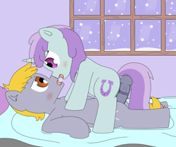 Size: 3000x2500 | Tagged: explicit, artist:pvryohei, bed, colt, crackle pop, female, filly, filly on colt, foal, foalcon, g4, genitals, high res, hotdogging, imported from derpibooru, lying down, lying on bed, male, nudity, on bed, panting, penis, pony, precum, shipping, smoltober, snow, snowfall, straight, tootsie flute, vaginal secretions, vulva
