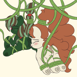 Size: 1700x1700 | Tagged: explicit, artist:vanifl, oc, oc:vanilla flavor, anus, blushing, bondage, butt, clitoris, dock, earth pony, eyes closed, female, filly, foal, foalcon, frog (hoof), imported from derpibooru, looking back, nudity, one eye closed, plot, ponut, pony, tangled up, underhoof, unicorn, vaginal secretions, vine, vulva