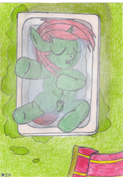 Size: 1601x2315 | Tagged: explicit, artist:vovi, oc, oc:void virgin sparkles, balls, bath, bathing, casual nudity, colt, crotchboobs, dock, eyes closed, foal, foalcon, imported from derpibooru, male, nudity, oc only, penis, pony, sheathed, sleeping, solo, solo male, steam, teats, traditional art, unicorn