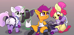Size: 6443x3078 | Tagged: explicit, artist:hexado, apple bloom, scootaloo, sweetie belle, anatomically correct, anus, boyshorts, buruma, butt, changing clothes, clothes, crotchboobs, cutie mark crusaders, dock, earth pony, female, filly, foal, foalcon, frilly underwear, g4, gym uniform, heart, imported from derpibooru, japanese school uniform, magic, nipples, nudity, panties, pegasus, plot, ponut, pony, shorts, skirt, socks, sports panties, sports shorts, striped underwear, sweetie butt, telekinesis, underwear, unicorn, vaginal secretion stain, vaginal secretions, vaginal secretions trail, vulva