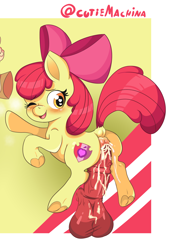 Size: 1992x2906 | Tagged: explicit, artist:cutiemachina, apple bloom, abstract background, age difference, alternate version, anal, anus, balls, bloom butt, blushing, bow, butt, creampie, cropped, cum, cumming, disembodied penis, dock, earth pony, eyelashes, female, filly, foal, foalcon, frog (hoof), g4, hair bow, heart eyes, horsecock, imported from derpibooru, looking back, male, nudity, one eye closed, penetration, penis, plot, pony, raised hoof, raised tail, sex, stallion, stallion on filly, straight, tail, the cmc's cutie marks, underhoof, wingding eyes, wink