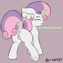 Size: 2000x2000 | Tagged: explicit, artist:vanifl, sweetie belle, anatomically correct, anus, butt, clitoris, dock, ear fluff, eyes closed, female, filly, foal, foalcon, frog (hoof), g4, high res, imported from derpibooru, magic, nudity, plot, ponut, pony, solo, solo female, sweetie butt, tail, tail pull, telekinesis, text, underhoof, unicorn, vulva