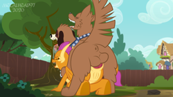 Size: 8000x4500 | Tagged: explicit, artist:metalhead97, all fours, anal, anal knotting, anus, ass, balls, bestiality, butt, collar, commission, dog, doggy style, dragon, drool, eyes closed, female, femsub, foalcon, from behind, g4, humping, imported from derpibooru, interspecies, knot, knotted, knotting, male, multiple heads, nudity, open mouth, orthros, penetration, penis, ponyville, sex, show accurate, show accurate porn, smolder, smolderriere, smolthros, straight, submissive, tongue out, two heads, vulva