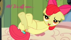Size: 1280x720 | Tagged: explicit, artist:angrymetal, editor:angrymetal, apple bloom, anus, bedroom eyes, butt, buttplug, earth pony, female, filly, foal, foalcon, g4, imported from derpibooru, legs in air, lying down, nudity, on back, plot, pony, sex toy, solo, solo female, spread pussy, text, vulva