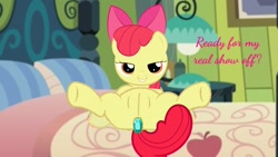 Size: 1280x720 | Tagged: explicit, artist:sasukex125, editor:angrymetal, apple bloom, anal insertion, butt, buttplug, earth pony, female, filly, flirting, foal, foalcon, g4, imported from derpibooru, insertion, legs in air, looking at you, lying down, nudity, on back, plot, pony, seductive, sex toy, show accurate, show accurate porn, solo, solo female, text, vulva