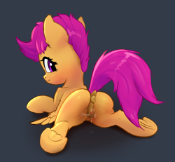 Size: 1144x1058 | Tagged: explicit, artist:hexado, scootaloo, anatomically correct, anus, clitoris, dock, female, filly, foal, foalcon, frog (hoof), g4, gradient background, imported from derpibooru, looking at you, nudity, pegasus, ponut, pony, presenting, solo, solo female, underhoof, vaginal secretions, vulva, vulvar winking
