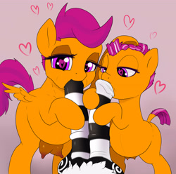 Size: 3841x3803 | Tagged: explicit, artist:hexado, scootaloo, oc, oc:elder, blowjob, canon x oc, commission, crotchboobs, diphallic, double blowjob, father and child, father and daughter, female, foalcon, fun for the whole family, g4, gradient background, heart, heart eyes, hemipenis, high res, imported from derpibooru, incest, male, mother and child, mother and daughter, multidick, multiple blowjob, nipples, nudity, oral, penis, pony, pregnant, pregnant foal, pregnant scootaloo, pregnant sex, striped cock, wingding eyes, zebra, zebradom