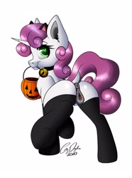 Size: 1536x2062 | Tagged: explicit, artist:emilywulfstudios, sweetie belle, animal costume, anus, bell, bell collar, butt, cat bell, cat costume, cat ears, clitoris, clothes, collar, commission, costume, dock, female, filly, foal, foalcon, g4, halloween, halloween costume, heart eyes, imported from derpibooru, legwear, looking at you, looking back, looking back at you, mouth hold, nudity, plot, ponut, pony, pumpkin bucket, socks, solo, solo female, stockings, sweetie butt, thigh highs, unicorn, vulva, vulvar winking, wingding eyes, ych result