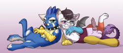 Size: 2250x960 | Tagged: explicit, artist:ali-selle, oc, oc:desorde, oc:pit, balls, canine penis, clitoris, commission, diamond dog, draconequus, equal opportunity lewd, female, female diamond dog, foalcon, griffon, grumpy, hybrid, imported from derpibooru, knot, legs in air, male, nudity, penis, presenting, presenting penis, presenting pussy, spread legs, spreading, vagina, vulva, wings