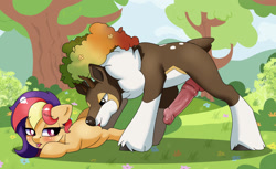 Size: 2545x1558 | Tagged: explicit, artist:ali-selle, oc, oc:crystal rose, balls, blushing, commission, cunnilingus, deer, female, filly, foal, foalcon, horsecock, horsecock on deer, imported from derpibooru, licking, looking at each other, nudity, oc x oc, oral, penis, pokémon, pony, sawsbuck, sex, shipping, size difference, tongue out, ych result