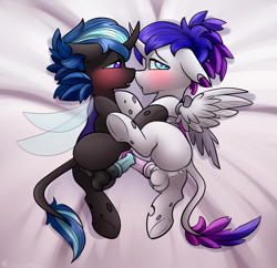 Size: 3100x3000 | Tagged: explicit, artist:cornelia_nelson, oc, anus, balls, bed, blushing, butt, changeling, colt, curved horn, cute, cute little fangs, dicks are touching, duo, face to face, fangs, feather, foal, foalcon, futa, futa changeling, futa oc, herm, high res, horn, imported from derpibooru, intersex, leonine tail, looking at someone, looking at you, lying down, lying on bed, male, medial ring, nudity, oc only, on bed, on side, open mouth, penis, plot, presenting, purple eyes, spread wings, tail, white changeling, wings