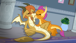 Size: 1280x720 | Tagged: explicit, artist:metalhead97, anus, ass, blushing, butt, changeling, clitoral stimulation, disguise, disguised changeling, dragon, dragon ocellus, dragoness, eyes closed, female, females only, fingering, fingering partner, foalcon, g4, imported from derpibooru, kiss on the lips, kissing, lesbian, love, making out, nudity, ocellus, orgasm, penetration, rubbing, school, school of friendship, sex, ship:smolcellus, shipping, smolder, soles, vaginal, vaginal fingering, vaginal secretions, vulva