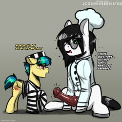 Size: 1024x1024 | Tagged: explicit, artist:jcosneverexisted, oc, oc:alexander, oc:apogee, adventures of flair, balls, bottomless, clothes, dialogue, earth pony, english, erection, female, filly, foal, foalcon, horsecock, implied father and daughter, implied incest, imported from derpibooru, male, nudity, partial nudity, pegasus, penis, pony, prison outfit, prison stripes, stallion, unsure