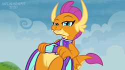 Size: 1280x720 | Tagged: explicit, artist:metalhead97, bedroom eyes, cheerleader, cheerleader smolder, clothes, cloud, cloudy, commando, dragon, dragoness, exhibitionism, female, foalcon, g4, imported from derpibooru, legs, legs together, lidded eyes, lifting, looking at camera, looking at you, nudity, outdoors, outfit, perspective, raised tail, show accurate, show accurate porn, skirt, skirt lift, sky, smiling, smiling at you, smolder, solo, solo female, student, tail, teasing, teasing you, upskirt, vulva