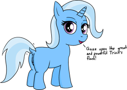 Size: 2497x1773 | Tagged: explicit, artist:poniidesu, anatomically correct, blank flank, butt, cute, cute porn, dialogue, female, filly, filly trixie, foal, foalcon, g4, imported from derpibooru, looking at you, nudity, plot, pony, simple background, solo, solo female, transparent background, trixie, unicorn, vulva, younger
