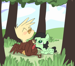 Size: 1600x1414 | Tagged: explicit, artist:happy harvey, oc, oc:filly anon, anus, balls, barbed penis, blowjob, blushing, butt, colored pupils, cute, earth pony, eyes closed, female, filly, foal, foalcon, forest, grass, griffon, griffon oc, griffon on pony action, hill, imported from derpibooru, looking up, male, nudity, oc only, oral, paw pads, penis, phone drawing, plot, pony, reverse foalcon, sex, spread legs, spread wings, spreading, tree, wingboner, wings