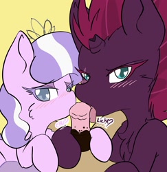 Size: 1536x1583 | Tagged: explicit, artist:steelsoul, diamond tiara, tempest shadow, oc, oc:himmel, blowjob, blushing, broken horn, canon x oc, double blowjob, duo focus, earth pony, female, ffm threesome, foalcon, g4, group sex, heart eyes, horn, imported from derpibooru, kissing, licking, licking cock, looking at you, male, male pov, multiple blowjob, nudity, offscreen character, offscreen male, oral, penis, pony, pov, sex, straight, straight shota, threesome, tongue out, unicorn, wingding eyes