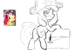 Size: 1800x1200 | Tagged: explicit, artist:hopefulsparks, apple bloom, adorabloom, anatomically correct, anatomically correct ponut, bedroom eyes, bloom butt, box, butt, cute, cutie mark, earth pony, foalcon, g4, hard to say anything, hat, imported from derpibooru, my little pony: friendship is magic, nudity, pirate hat, plot, ponut, pony, presenting, presenting anus, presenting pussy, screencap reference, screenshot redraw, sketch, solo, tail, tail aside, tail lift, vulva, yarr