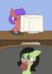 Size: 1000x1414 | Tagged: explicit, artist:happy harvey, oc, oc:filly anon, age difference, blowjob, blushing, computer mouse, crt monitor, disembodied penis, earth pony, female, filly, floppy ears, foal, foalcon, imported from derpibooru, keyboard, looking up, male, monitor, mousepad, nudity, oc only, oral, penis, phone drawing, pony, sex, stallion, stallion on filly, straight, under the table