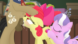 Size: 3840x2160 | Tagged: explicit, artist:dtcx97, apple bloom, diamond tiara, age difference, balls, big dom small sub, bisexual, blowjob, creampie, cum, cum in mouth, cunnilingus, deepthroat, drool, earth pony, female, filly, filthy rich, filthybloom, foal, foalcon, g4, group sex, high res, imported from derpibooru, lesbian, lineless, male, nudity, oral, oral creampie, penis, pony, sex, ship:diamondbloom, shipping, stallion, stallion on filly, straight, the cmc's cutie marks, threesome, throat bulge, vaginal secretions