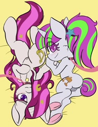 Size: 1386x1791 | Tagged: explicit, artist:steelsoul, oc, oc:zew, oc:zippi, anus, butt, collar, female, filly, foal, foalcon, imported from derpibooru, leash, looking at you, nudity, plot, pony, unicorn, vulva