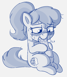 Size: 759x876 | Tagged: explicit, artist:heretichesh, oc, oc:pitchblende, autofellatio, blowjob, blushing, cum, cum drinking, cum eating, cum in mouth, cum in own mouth, earth pony, filly, flushed face, foal, foalcon, futa, futa oc, imported from derpibooru, intersex, masturbation, monochrome, nudity, oc only, oral, penis, pony, sitting, sketch, solo, solo futa, sweat