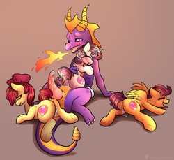 Size: 3000x2753 | Tagged: explicit, artist:cornelia_nelson, apple bloom, scootaloo, sweetie belle, afterglow, aftersex, ahegao, alternate version, anus, bedroom eyes, blushing, butt, creampie, crossover, cum, cum on penis, cum string, cum version, cute, cutie mark crusaders, dragon, dragon dick, female, fire, foalcon, g4, high res, horn, implied sex, implied vaginal, imported from derpibooru, knot, male, nudity, one after another, open mouth, pegasus, penis, plot, pony, presenting, shipping, spyro the dragon, spyro the dragon (series), straight, tongue out, unicorn, vagina, vaginal secretions, vulva