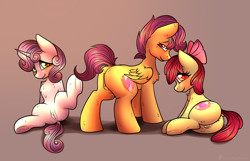 Size: 4000x2569 | Tagged: explicit, artist:cornelia_nelson, apple bloom, scootaloo, sweetie belle, anus, bedroom eyes, bloom butt, butt, chest fluff, cute, cutie mark crusaders, earth pony, female, foalcon, g4, imported from derpibooru, nudity, pegasus, plot, pony, presenting, scootabutt, smiling, spread legs, spreading, sweetie butt, unicorn, vagina, vaginal secretions, vulva