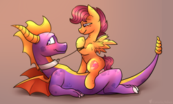 Size: 3540x2133 | Tagged: explicit, artist:cornelia_nelson, scootaloo, alternate version, blushing, collar, cowgirl position, creampie, crossover, cum, cum version, dragon, female, femdom, foalcon, g4, high res, imported from derpibooru, knot, male, nudity, pegasus, penetration, penis, pony, sex, shipping, spyro the dragon, spyro the dragon (series), straight, vaginal