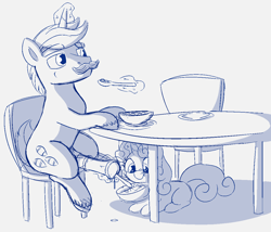Size: 1155x989 | Tagged: explicit, artist:heretichesh, sweetie belle, bowl, bowl of cum, casual, cereal, chair, cum, cum eating, cum in container, cum on floor, cum on food, duo, facial, father and child, father and daughter, female, filly, filly on stallion, foal, foalcon, food, foodplay, g4, hondo flanks, imported from derpibooru, incest, magic, magic aura, male, milking, nudity, penis, pony, sitting, spoon, stallion, straight, table, under the table, unicorn